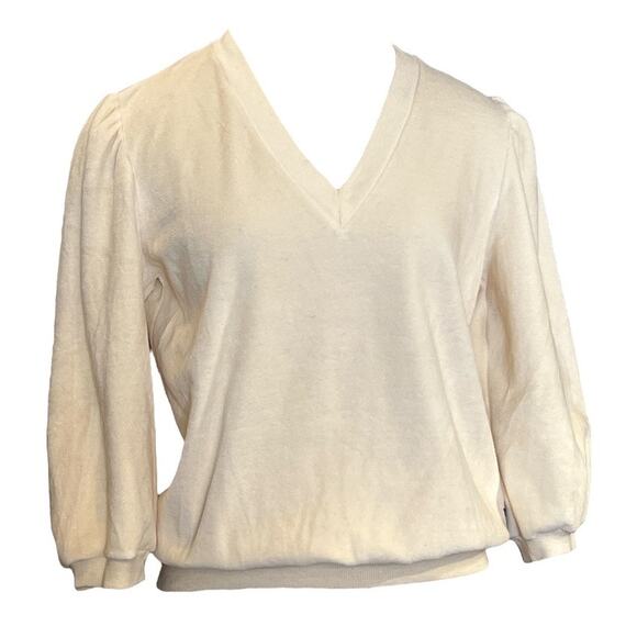 VTG Pierre Cardin Velour V Neck Pullover 3/4 Puff Sleeve Shirt Sz M Cream Cozy - Picture 1 of 12